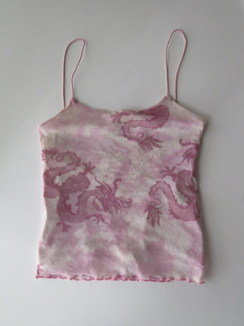 Vintage French 90s Jennyfer Pink Dragon Print Pink Mesh Cami Top, Lettuce Edge H